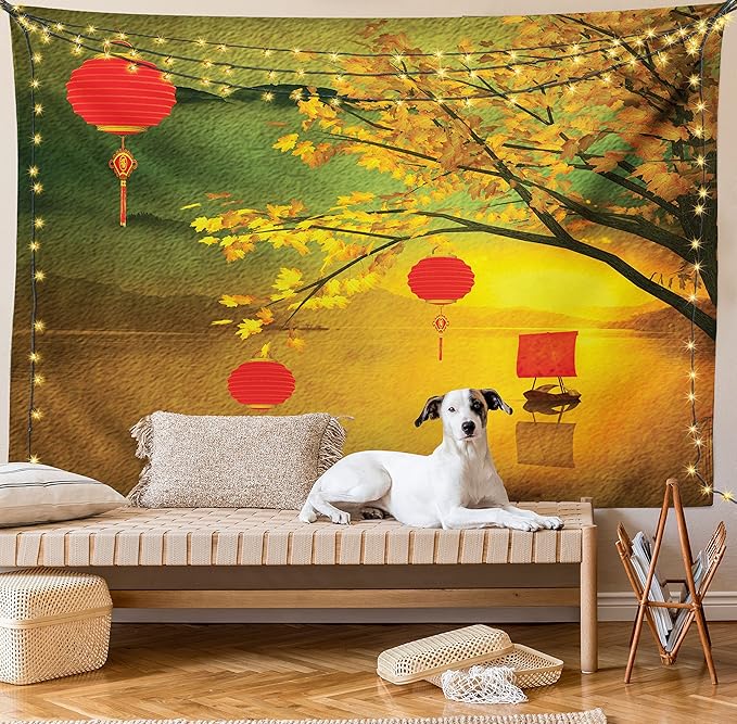 Ambesonne Oriental Tapestry King Size, Traditional Chinese Folk Hanging from Pale Fall Trees Lake Faded Nature Photo, Wall Hanging Bedspread Bed Cover Wall Decor, 104" X 88", Yellow Green