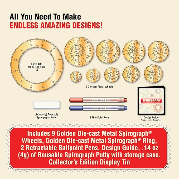 Spirograph Die-Cast Collectors Set – Special Edition, Arts and Crafts, Kids Toys, Art Supplies, Craft Supplies, Drawing Kit, Spiral Art, Metal Gear Design Kit, Pens, Design Sheet Included, Ages 8+