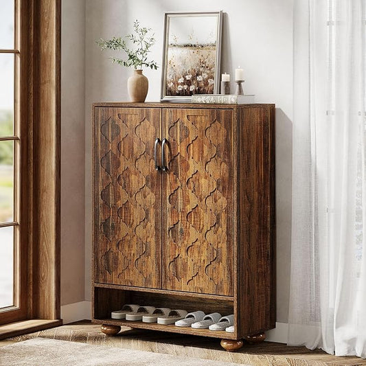Tribesigns Shoe Cabinet with Doors, 6-Tier Shoe Rack with Solid Wood Feet and Adjustable Shelves, 43.3" Tall Storage Cabinet for Entryway, Hallway, Bedroom (Walnut)