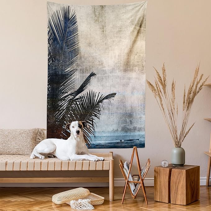 Ambesonne Hawaiian Tapestry, Palm Tree Leaves on Grunge Background with Sea Vintage Waterscape Illustration, Fabric Wall Hanging Decor for Bedroom Living Room Dorm, 30" X 45", Beige Indigo