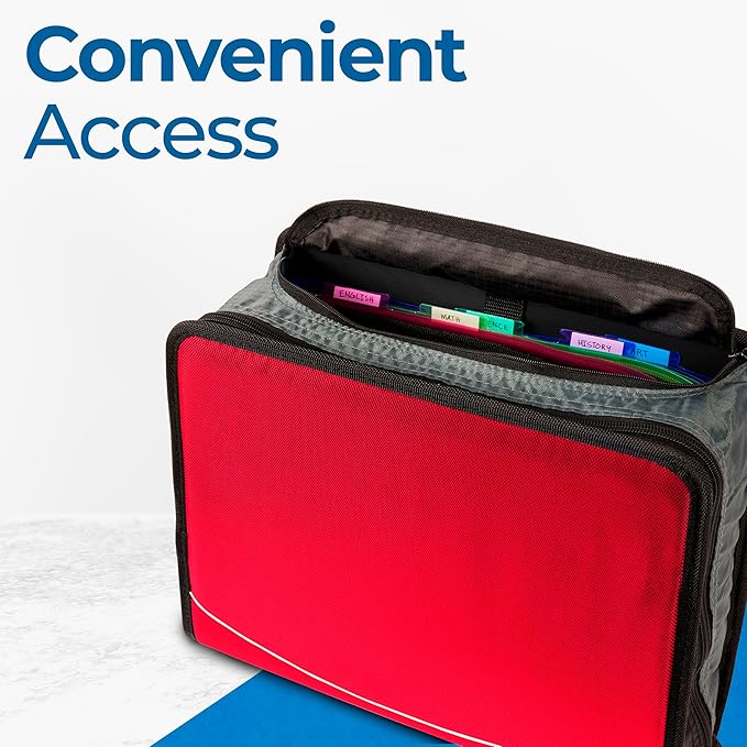 Case-it Mighty Zip Tab School Zipper Binder | 3-Inch O-Rings, 600-Sheet Capacity, 5-Subject Expanding File Folder, Multiple Pockets & Storage Organizer, Shoulder Strap | D-146 Fire Engine Red | 6 Pack