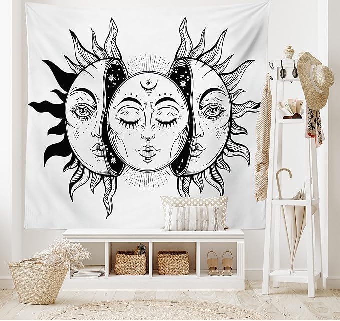 Ambesonne Moon Tapestry, Monochrome Sun and Moon Pattern Oriental Image Culture Inspired Design Print, Fabric Wall Hanging Decor for Bedroom Living Room Dorm, 23" X 28", White Black