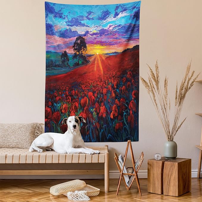 Ambesonne Country Tapestry, Clouds at Sunset Paint Scenery of Poppy Flower Garden on Valley with Horizon, Fabric Wall Hanging Decor for Bedroom Living Room Dorm, 23" X 28", Burgundy Deep Sky Blue
