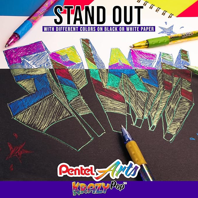 Pentel Sparkle and Krazy Pop, Metallic Gel Ink Pen, (1.0mm), Bold Line, Assorted Ink Colors, 12 count (K91BP12M)