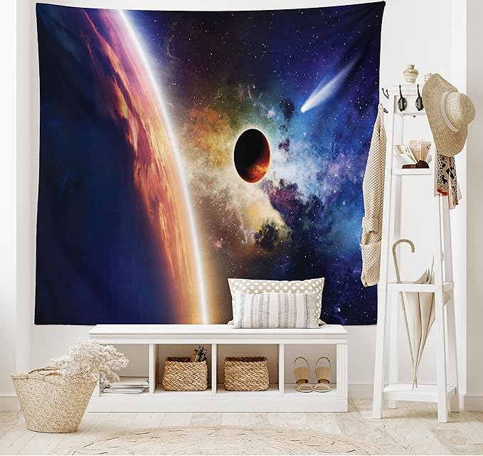 Ambesonne Outer Space Tapestry King Size, Comet Approaches Vibrant Planet Scientific Realities in Solar System World Scene, Wall Hanging Bedspread Bed Cover Wall Decor, 104" X 88", Blue Red