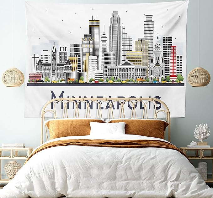 Ambesonne Minnesota Tapestry Queen Size, Elevation of a Street in Minneapolis Image with High Detailed Facades, Wall Hanging Bedspread Bed Cover Wall Decor, 88" X 88", White Grey