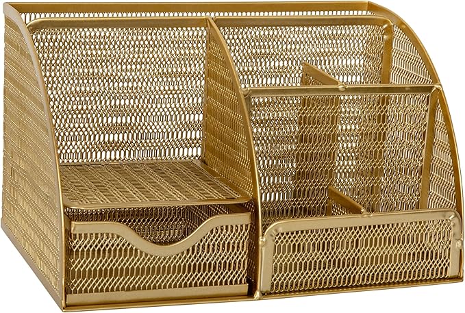 Martha Stewart Ryder Gold Mesh Metal Small Desktop Organizer for Office Accessories, Notebooks, Pen Holder and Drawer