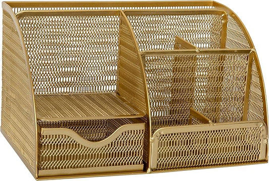 Martha Stewart Ryder Gold Mesh Metal Small Desktop Organizer for Office Accessories, Notebooks, Pen Holder and Drawer