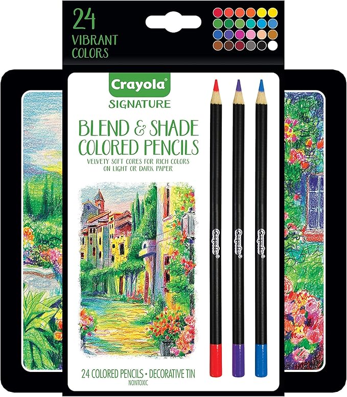 Crayola Signature Blend & Shade Soft Core Colored Pencils in Tin, Gift - 24 Count, Blend & Shade Colored Pencils
