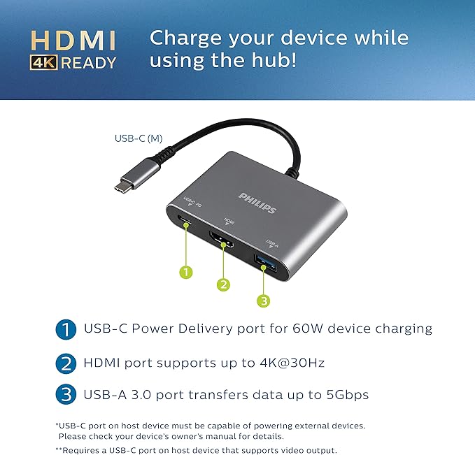 Philips USB C Hub to Multiport Adapter, 3 in 1 Power Pass Through, HDMI 4k@30Hz, 60W USB C Charging Port, 5Gbps USB 3.0 Port for MacBook Pro, MacBook Air, UCB C Laptop Docking Station, DLK9220C/27