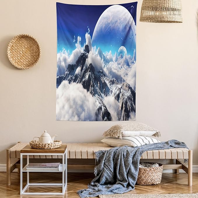 Ambesonne Fantasy Tapestry Queen Size, Celestial View of Snow Capped Mountains and Alien Planet Print, Wall Hanging Bedspread Bed Cover Wall Decor, 88" X 88", White and Navy Blue