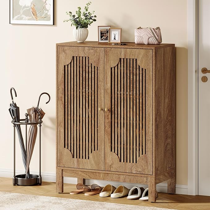 Tribesigns Shoe Cabinet with Doors, 5-Tier Shoe Storage Cabinet with Adjustable Shelves, 20 Pairs Wooden Shoe Rack Organizer, Tall Narrow Shoe Cabinet for Entryway, Hallway, Living Room, Rustic Brown