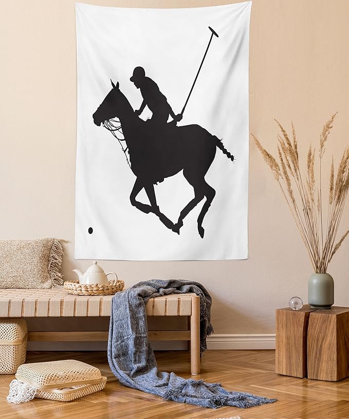 Ambesonne Sports Tapestry Twin Size, Silhouette Illustration of Polo Player on a Horse Hitting a Ball Print, Wall Hanging Bedspread Bed Cover Wall Decor, Twin Size, Charcoal Grey