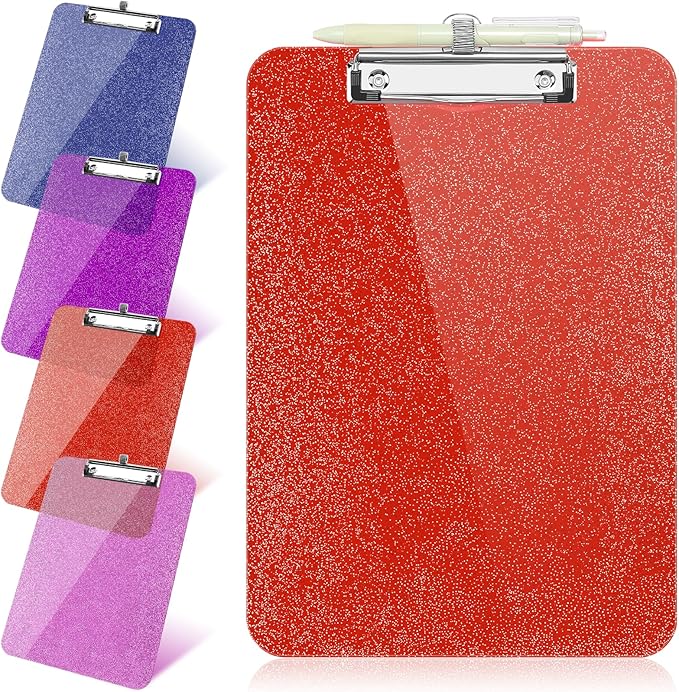 1 Pcs Clear Glitter Clipboards, Plastic Clipboard with Pen Holder,Size 8.85 x 12.4 in Shiny Clipboards with Low Profile Clip,Cute Hanging Clipboard for Office Supplies Sparkly Clip Board-Tangerine