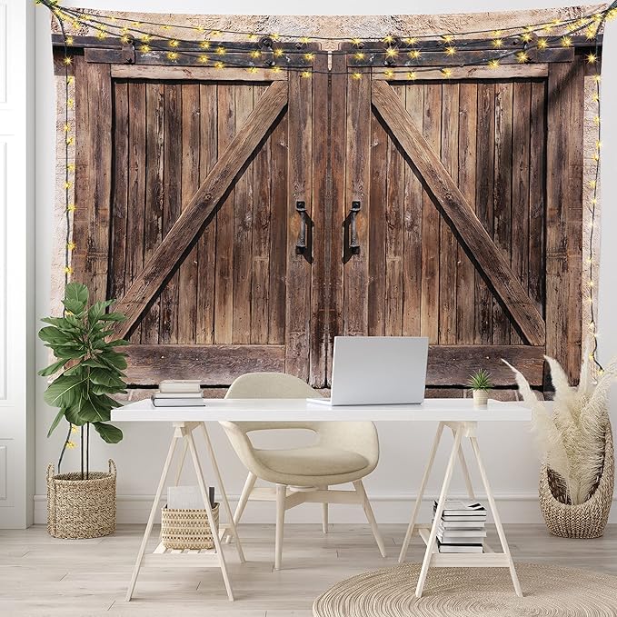 Ambesonne Rustic Tapestry, Wooden Barn Door in Stone Farmhouse Image Vintage Desgin Rural Art Architecture Print, Wide Wall Hanging for Bedroom Living Room Dorm, 60" X 40", Cream Brown