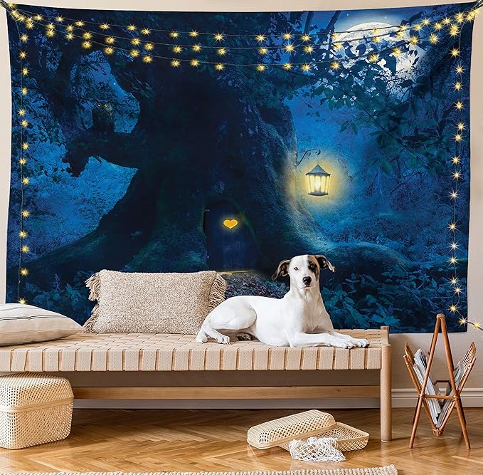 Ambesonne Fantasy Tapestry King Size, Night with a Little Home in The Trunk of an Tree in The Woods Print, Wall Hanging Bedspread Bed Cover Wall Decor, King Size, Navy Blue