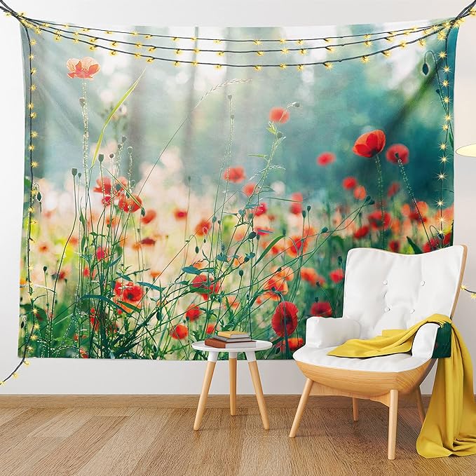 Ambesonne Nature Tapestry Twin Size, Wild Red Poppy Flowers Field Summertime Sunbeams Gardening Bedding Plants, Wall Hanging Bedspread Bed Cover Wall Decor, 68" X 88", Red Green Yellow