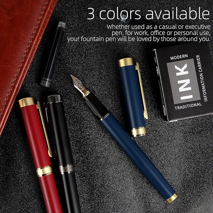 Fountain pen,Luxury pen,Nice pen gift pure copper heavy feel Office Executive Pen Smooth Writing Pens for Men Funcy Pens with Gift Case 10 black cartridges medium nib (Blue)