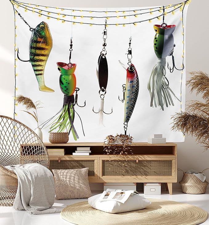 Ambesonne Fishing Tapestry, Various Type of Fishing Baits Hobby Leisure Passtime Sports Hooks Catch Elements, Wide Wall Hanging for Bedroom Living Room Dorm, 80" X 60", White Multicolor