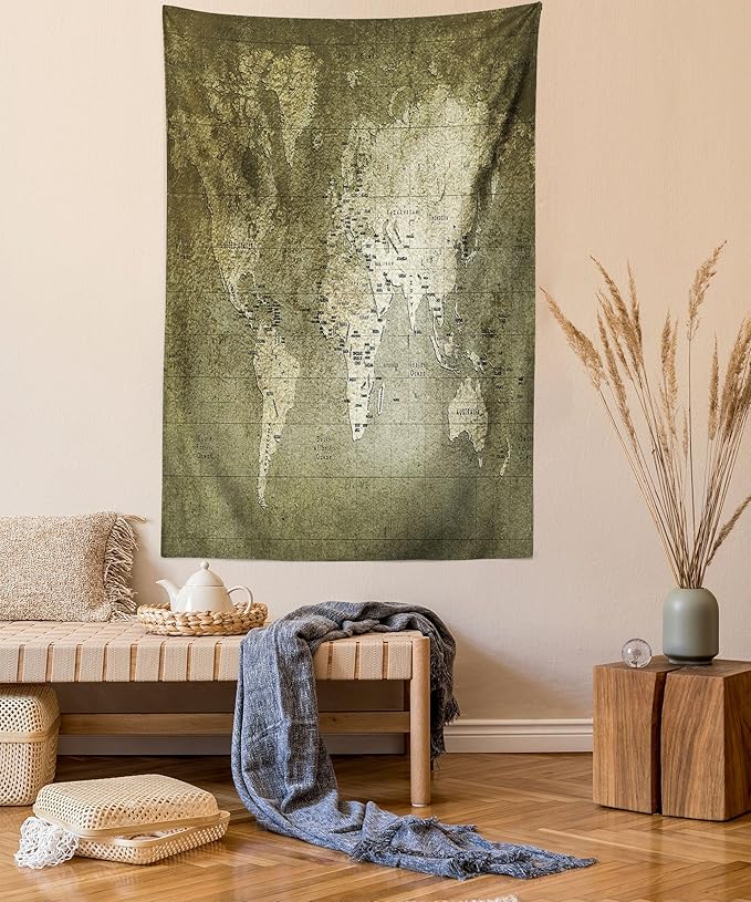 Ambesonne Antique Tapestry Queen Size, Old World Map Texture Nostalgic Plan Atlas Trace of Life, Wall Hanging Bedspread Bed Cover Wall Decor, 88" X 88", Khaki Beige