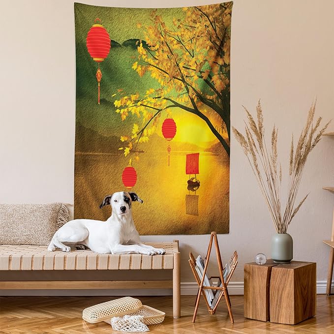 Ambesonne Oriental Tapestry, Traditional Chinese Folk Hanging from Pale Fall Trees Lake Faded Nature Photo, Wall Hanging for Bedroom Living Room Dorm Decor, 60" X 80", Yellow Green