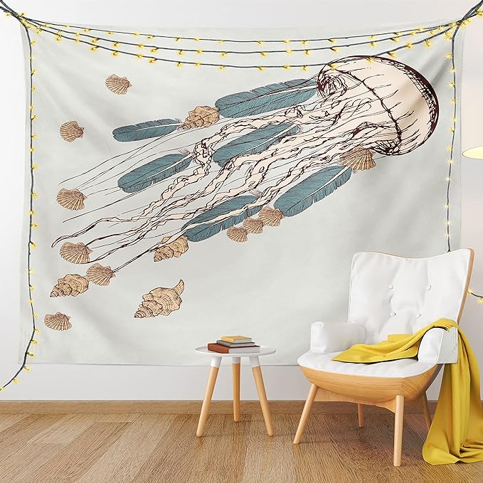 Ambesonne Jellyfish Tapestry, Boho Feather Tentacles Shells Vintage Art Print Under the Sea Tribal Fish, Fabric Wall Hanging Decor for Bedroom Living Room Dorm, 45" X 30", Beige Brown
