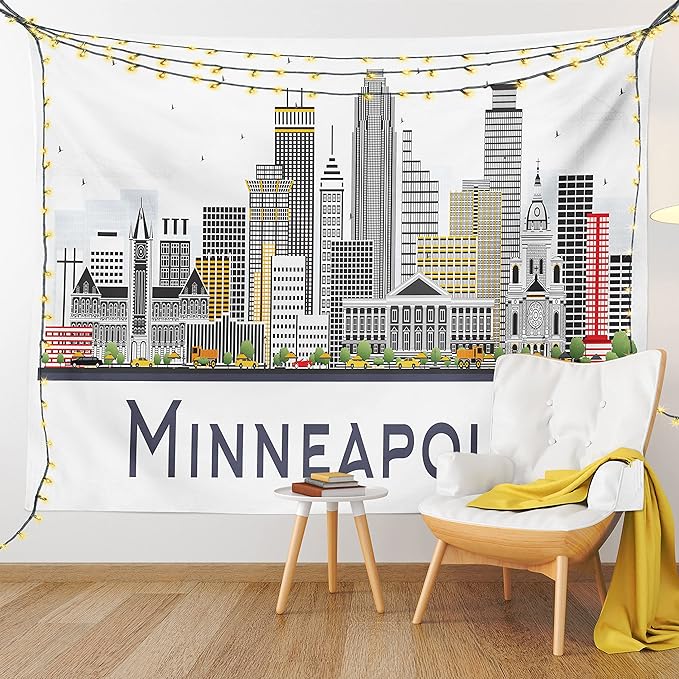 Ambesonne Minnesota Tapestry King Size, Elevation of a Street in Minneapolis Image with High Detailed Facades, Wall Hanging Bedspread Bed Cover Wall Decor, 104" X 88", White Grey