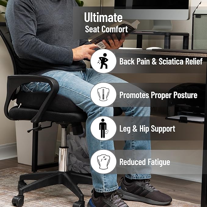 Mind Reader Air-Cloud Memory Foam Seat Cushion, Ergonomic Support for Lower Back, Coccyx, and Hip Pain Relief, Promotes Better Posture, Washable Cover, Black