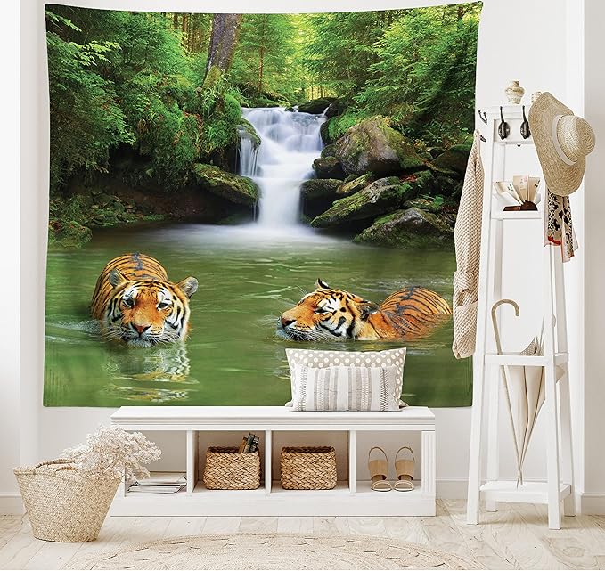 Ambesonne Savannah Tapestry, Siberian Tigers in Water Waterfall Pool Woodland Swimming Natural, Fabric Wall Hanging Decor for Bedroom Living Room Dorm, 45" X 30", Reseda Green Orange