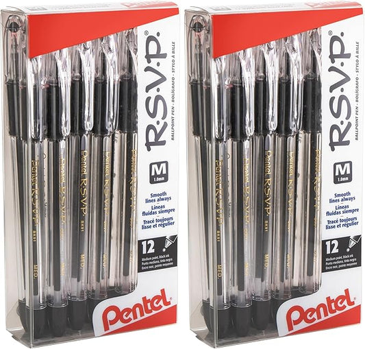Pentel(R R.S.V.P.(R) Ballpoint Pens, 1.0 mm, Medium Point, Clear Barrel, Black Ink, Pack of 24, BK91-A