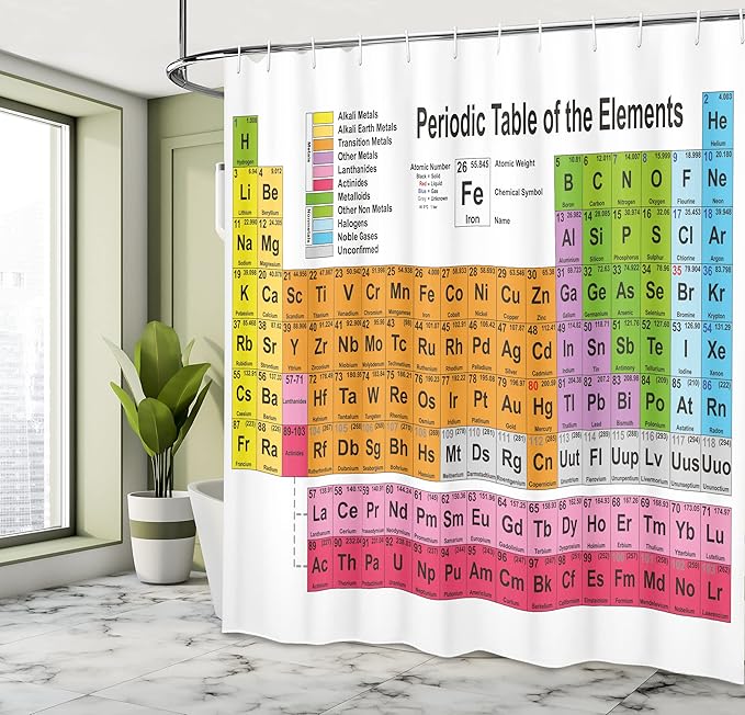 Ambesonne Periodic Table Shower Curtain or Backdrop for Home & Classroom Decor Science Freak Chemistry Lover Colorful Elements for Fun Learning Fabric Bathroom Set with Hooks 69" W x 84" L, White Pink