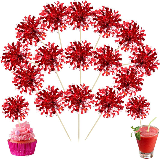 Ephlyn 30Pcs Foil Firework Cupcake Toppers Happy Birthday Cake Toppers Tinsel Flower Drink Stirrers Cocktail Food Fruit Toothpicks for Valentine's Day Party Decorations Red