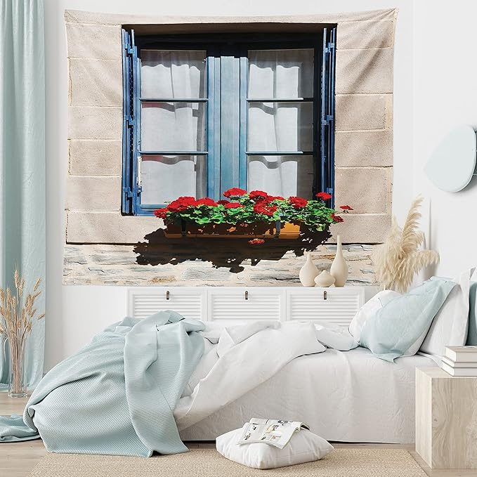 Ambesonne Country Tapestry King Size, Mediterranean Style Window Open Shutters Image French Urban Life Theme Print, Wall Hanging Bedspread Bed Cover Wall Decor, King Size, Blue Grey