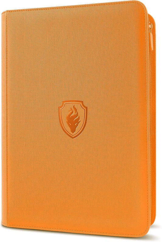 Premium Zip Card Binder, Fabmaker 9 Pocket Trading Card Binder, PU Cover Zipper Card Collection Album, Sturdy 360 Side-Loading Card Folder Holder for Game & Sports Cards, Orange