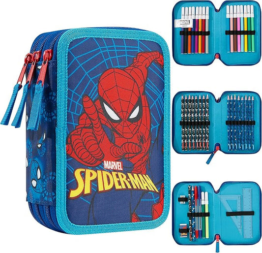 Marvel Boy's Pencil Case, Pencil Case with Compartments Filled School Supplies, Felt, Coloured Pencil, Spiderman Avengers Back to School Gift