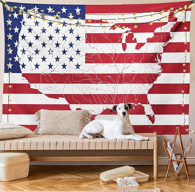 Ambesonne American Flag Tapestry, America Continent Shaped Flag Martial Design International World Glory Print, Fabric Wall Hanging Decor for Bedroom Living Room Dorm, 28" X 23", Indigo Red