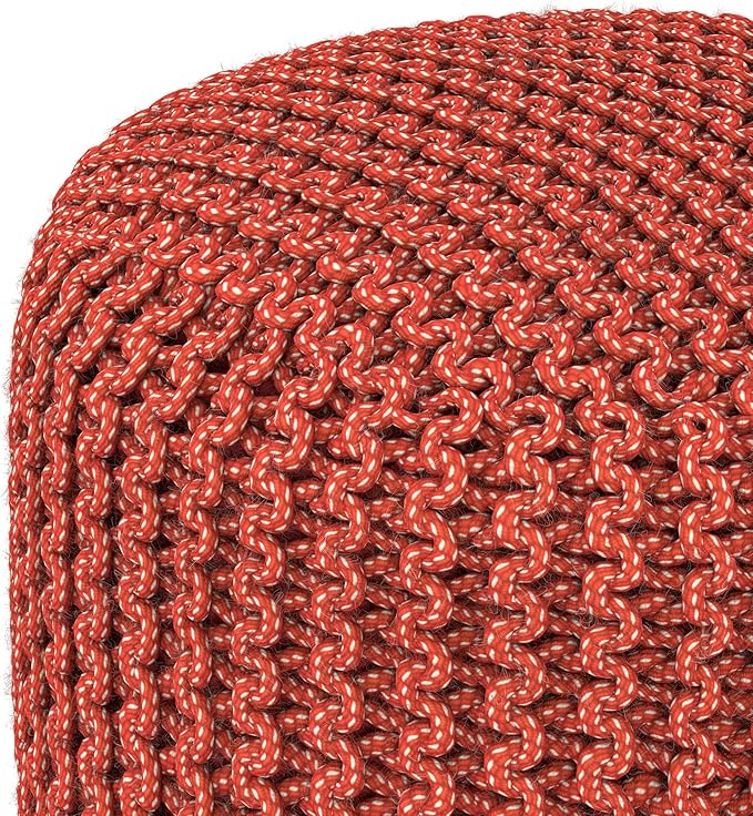 SIMPLIHOME Wynne Round Knitted Pouf - 18 inch Wide Upholstered PET Polyester Ottoman in Orange, Indoor/Outdoor Boho Footstool or Extra Seating for Living Room with Polystyrene Bead Filling, Assembled