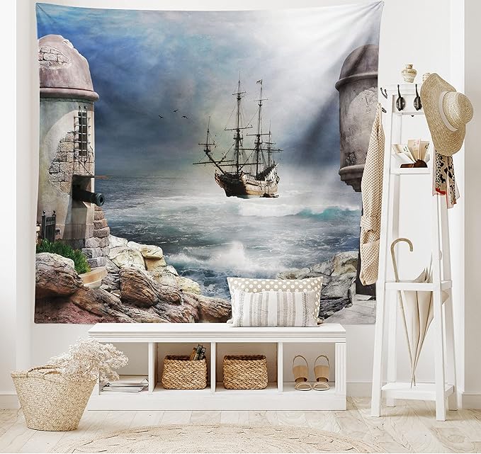 Ambesonne Sailboat Tapestry, Pirate Merchant Shipnchored in the Bay of Fortbandoned Rockst Shore, Fabric Wall Hanging Decor for Bedroom Living Room Dorm, 45" X 30", Pale Muave Beige