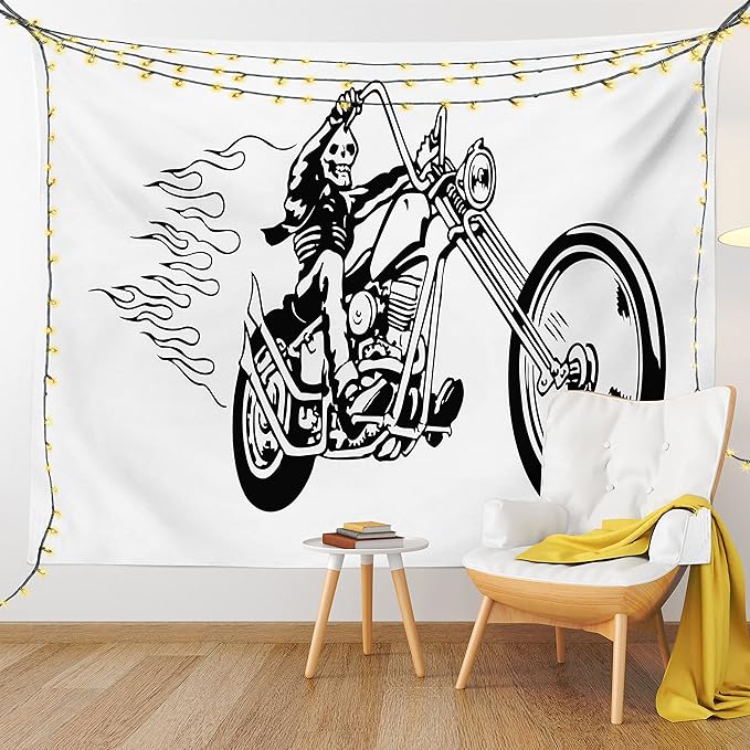 Ambesonne Motorcycle Tapestry, Cool and Dangerous Flaming Death Ride Fearless Skeleton Fantasy Items, Fabric Wall Hanging Decor for Bedroom Living Room Dorm, 45" X 30", Charcoal Grey White