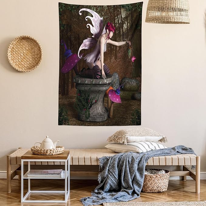 Ambesonne Tale Tapestry, Dimensional Mythical Creature Design Artifact on Pedestal Forest Print, Wall Hanging for Bedroom Living Room Dorm Decor, 40" X 60", Red Purple Grey