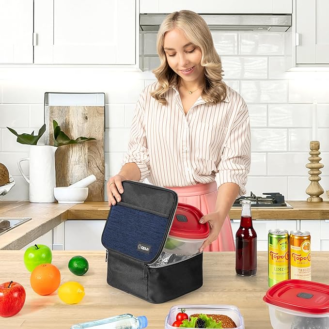 opux Insulated Lunch Bag Kids, Lunch Box for School Boy Girl, Leakproof Small Reusable Compact Soft Mini Cooler Bag, Toddler Small Lunch Boxes Kit Pail with Front Side Pockets (Navy)