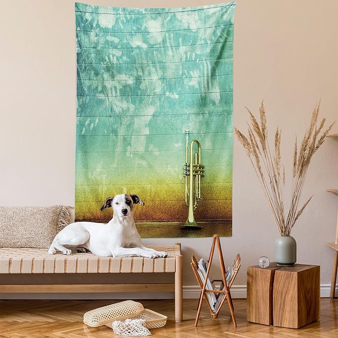 Ambesonne Music Tapestry, Old Aged Worn Single Trumpet Stands Alone Against a Faded Wall Jazz Theme Photo, Fabric Wall Hanging Decor for Bedroom Living Room Dorm, 30" X 45", Teal Brown