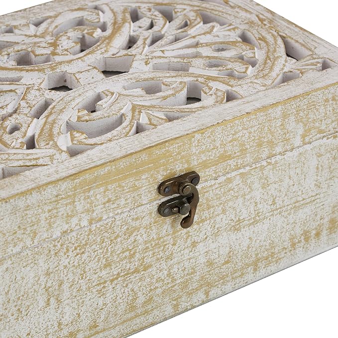 Deco 79 Mango Wood Floral Handmade Decorative Box Decorative Keepsake Boxes with Hinged Lid, Set of 3 Storage Boxes 8", 10", 12"W, White