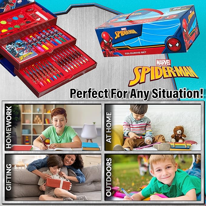 Marvel Art Case for Kids with Colored Pencils Markers Crayons Watercolors Drawing Supplies Travel Art Kit Gifts for Kids (Multicolor Spiderman)