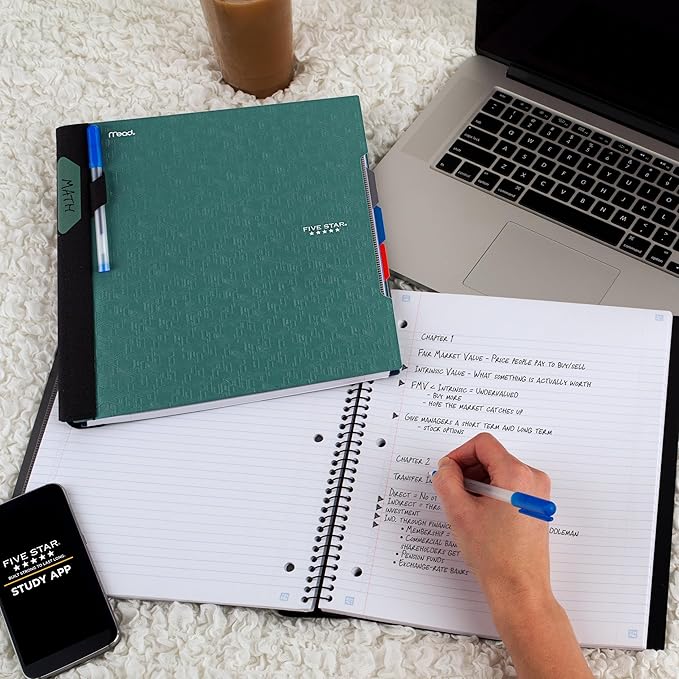 Five Star Advance Spiral Notebook + Study App, 3 Subject, College Ruled Paper, 8-1/2" x 11", 150 Sheets, Spiral Guard, Movable Tabbed Dividers, Seaglass Green (73136)