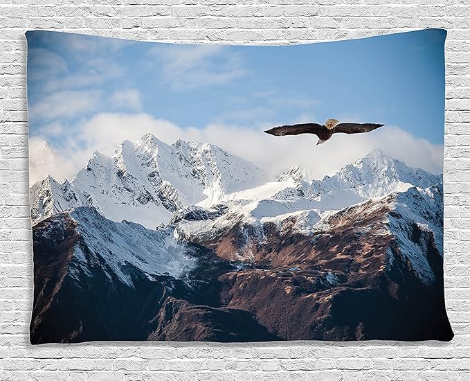 Ambesonne Mountain Tapestry, Frozen Peaks Tops of the Mountain with a Flying Eagle Free in Nature Photo, Wide Wall Hanging for Bedroom Living Room Dorm, 60" X 40", Brown White Blue