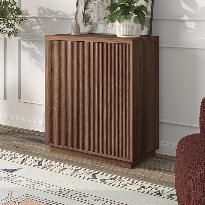 Henn&Hart 28" Fluted Wooden Accent Cabinet, Ribbed Modern Sideboard Buffet Cabinet with 2 Doors and an Adjustable Shelf for Living Room, Dining Room, Bedroom or Entryway, Medium Walnut