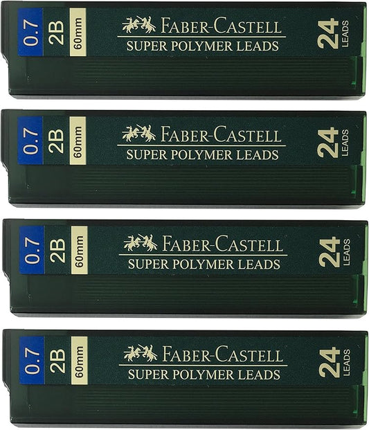 Faber-Castell 0.7mm 2B Super Polymer Premium Strong Dark Smooth Leads Mechanical Pencil Lead Refills For All 0.7 mm Mechanical Pencils (4 Tubes, 24 Leads Per Tube - Total 96 leads)