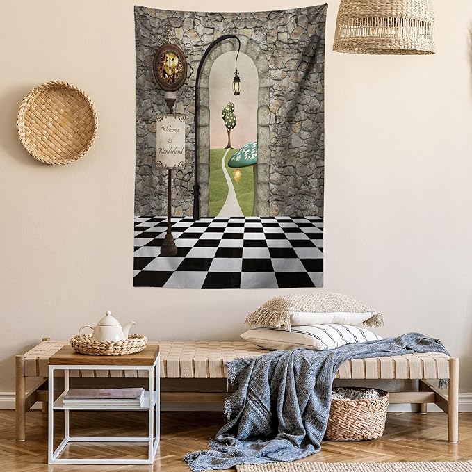 Ambesonne Alice in Wonderland Tapestry, Welcome Wonderland Black and White Floor Landscape Mushroom Print, Wall Hanging for Bedroom Living Room Dorm Decor, 40" X 60", Stone Black