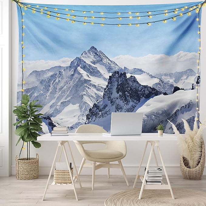Ambesonne Winter Tapestry, Snowy Rocky Mountain Peaks Tops Scene High Lands ICY Frozen Swiss Outdoor Art, Fabric Wall Hanging Decor for Bedroom Living Room Dorm, 28" X 23", Blue and White